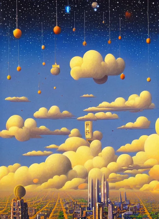 Image similar to a garden city reaching the clouds and stars, vintage shapes, retro technology, happy colors. rob gonsalves, oil on canvas, deep depth field, masterpiece, cinematic composition, hyperdetailed