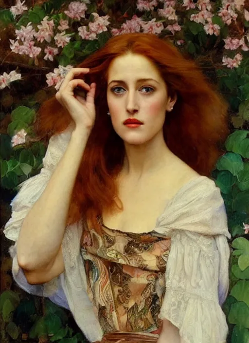 Image similar to a beautiful painting of young gillian anderson by juan luna, pre-raphaelite, detailed, trending on artstation, hd, masterpiece