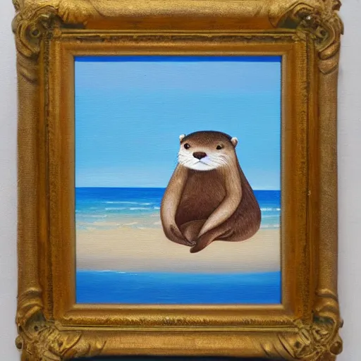 Image similar to An otter dressed as a pirate sitting on the beach, oil on canvas painting