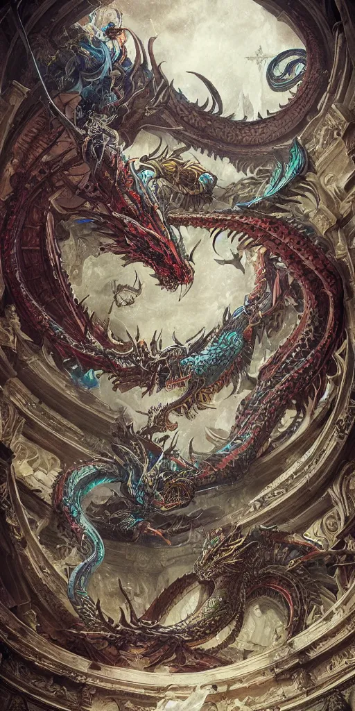 Image similar to epic fight of colorful Ouroboros and water dragon floating around inside an ancient mage castle hall colossal scale, gothic and baroque, brutalist architecture, ultradetailed, intricate details by Ellen Jewett and Ayami Kojima