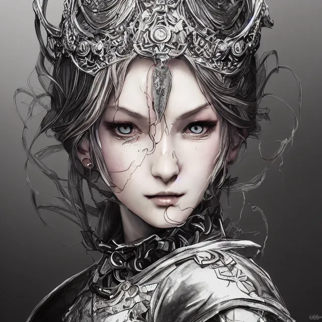 Prompt: the portrait of neutral evil fallen female knight vagabond as absurdly beautiful, gorgeous, elegant, sophisticated, woman, an ultrafine hyperdetailed illustration by kim jung gi, irakli nadar, intricate linework, bright colors, octopath traveler, final fantasy, unreal engine 5 highly rendered, global illumination, radiant light, detailed and intricate environment