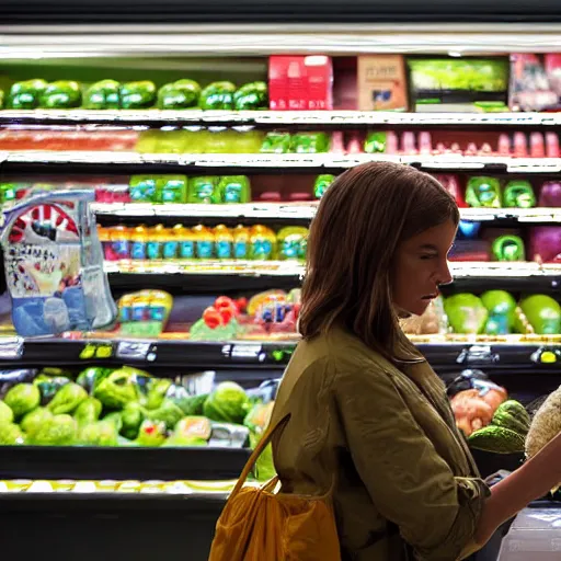 Image similar to mid shot of an alien buying groceries at the store shot by amanda carlson and alex strelkovv, professional photo, masterpiece, very detailed, hyper - realistic, cinematic, 4 k