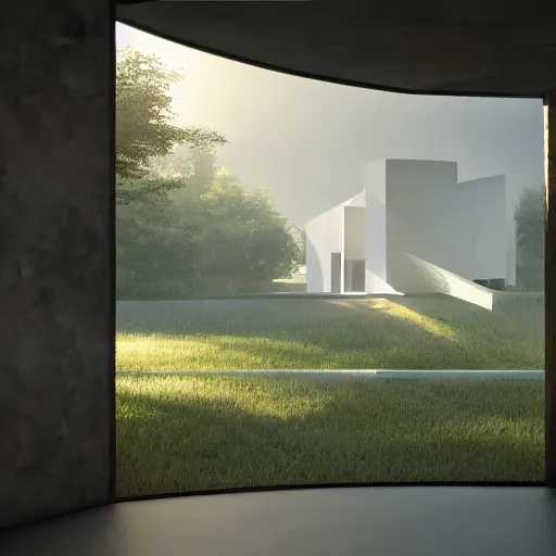 Prompt: futuristic house where nature blends into architecture, beam of light entering from a window, structure merging into the landscape, octane render, 4k