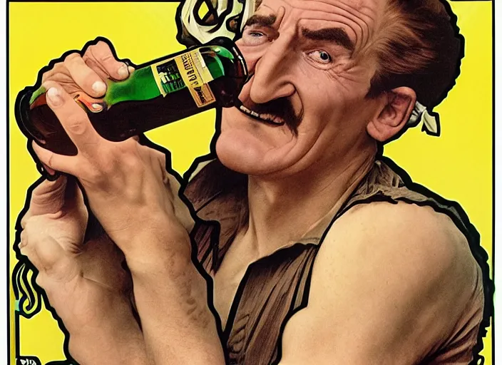 Image similar to barry chuckle drinking a bottle of snake oil, snake oil advertisement from 1 9 8 8, artwork by alphonse mucha and richard corben, 3 d, high resolution 8 k