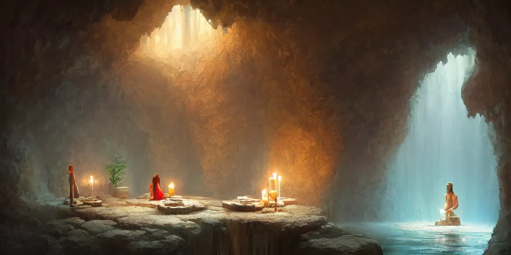 Prompt: cozy, empty bathhouse hidden in a cave, small, colorful, candlelight, towels, cushions, natural light, lush plants and flowers, elegant, smooth cave rock, fantasy, atmospheric lighting, digital painting, Greg Rutkowski, concept art