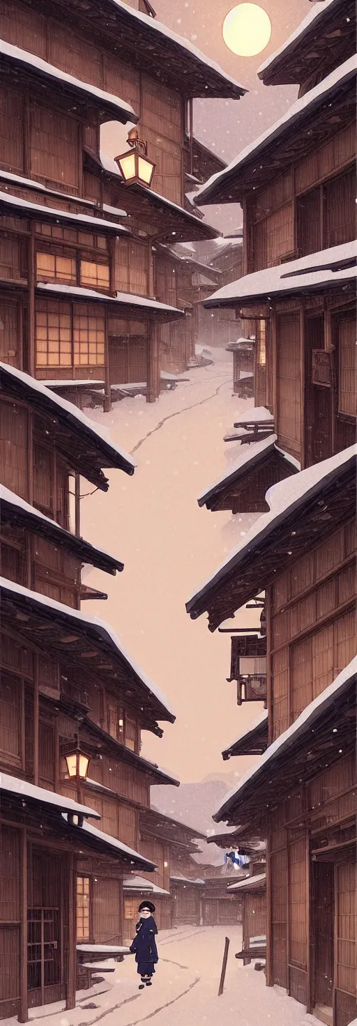 Image similar to empty rural japanese town at night, winter, in the style of studio ghibli, j. c. leyendecker, greg rutkowski, artem