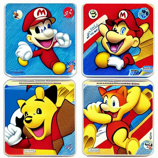 Image similar to photograph of winnie the pooh and super mario and sonic the hedgehog anime style, on pokemon card packs at target