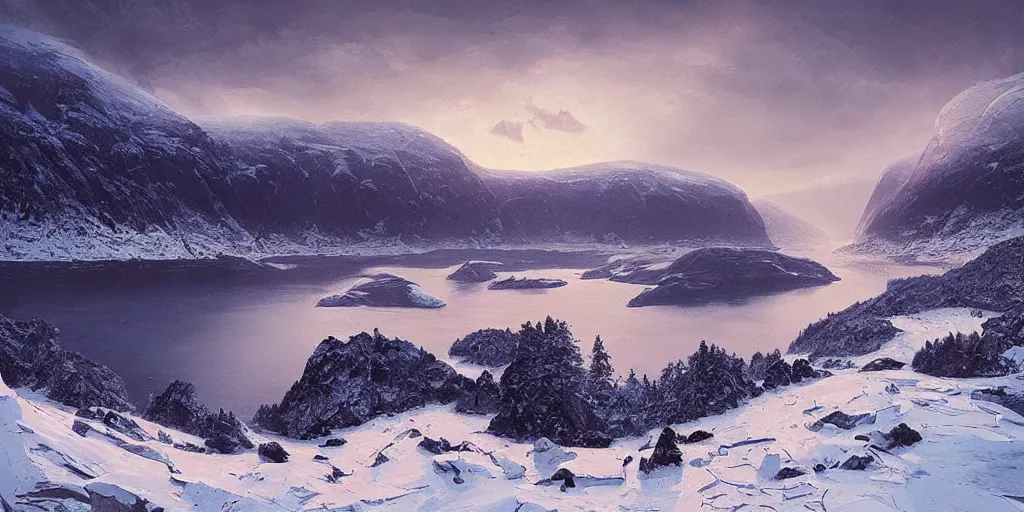 Prompt: “snow covered fjords in norway at dusk by Alena Aenami and Marc Simonetti, matte painting, Hudson River school”