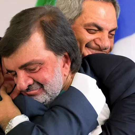 Prompt: Jair Bolsonaro hugging Luis Inacio Lula da Silva.