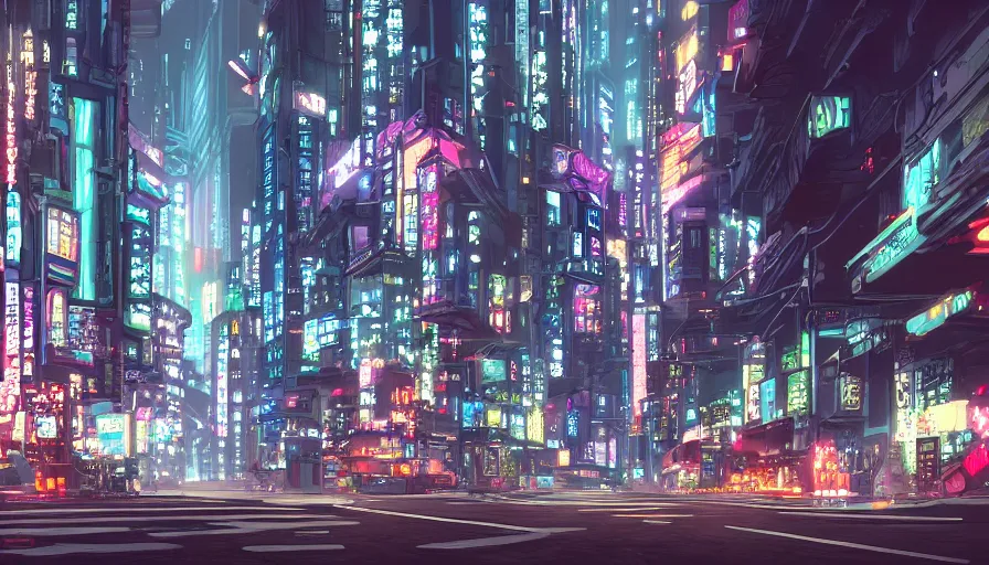 Image similar to A beautiful picture of an establishing shot of a cyberpunk neo tokyo city street by Sergey Vasnev and square pictures , trending on artstation