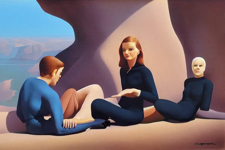 Prompt: beautiful painting of friends, beautiful faces, sitting on the edge, cute, soft light, digital painting by ralph mcquarrie and herbert bayer