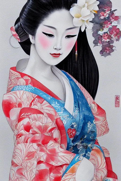 Image similar to beauty geisha, digital art, 8k, character, realistic, portrait, photorealism, japan watercolour, masterpiece art