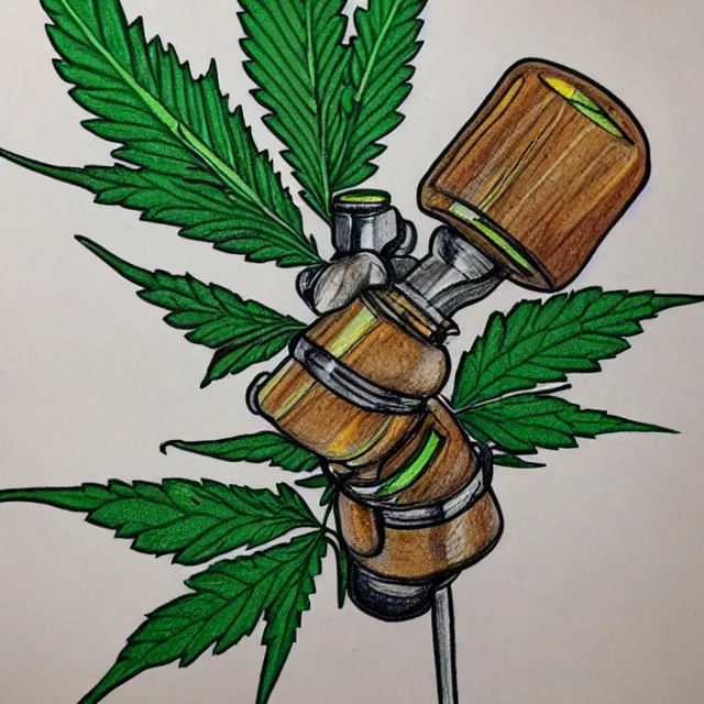 Prompt: cannabis leaf smoking a bong, colored pencil illustration