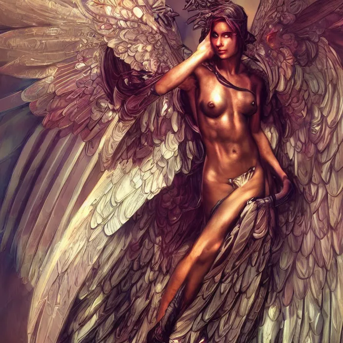 Prompt: Biblically accurate angel with cyberpunk wings, digital painting, 4k, HDR, concept art, detailed wings, smooth, sharp focus, illustration, art by Artgerm, H R Giger and Alphonse Mucha