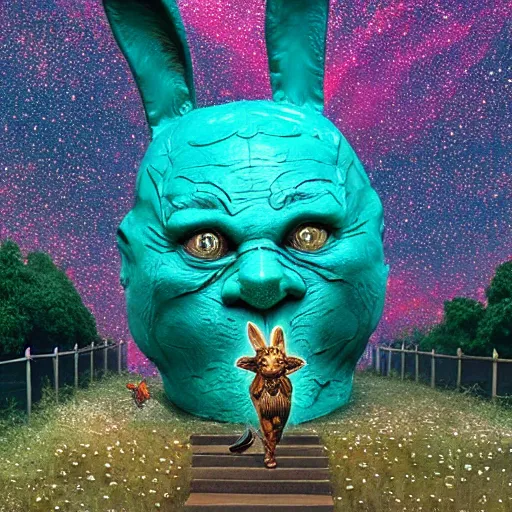 Prompt: a gigantic rabbit face of The Wonderful Wizard of OZ sculpted by Simon Stålenhag and H. R. Giger made out of gems in galaxy