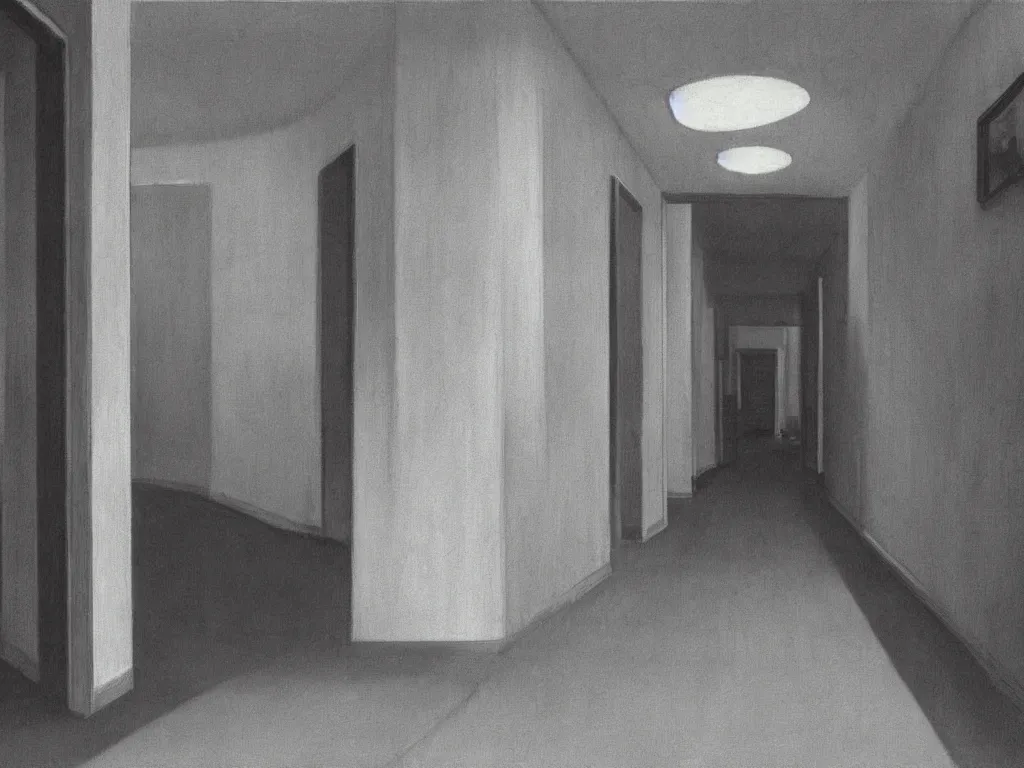 Image similar to the shinning hotel hallway, 70s, americana, dim, dark, lone scary silhouette in the distance, ultra view angle view, realistic detailed painting by edward hopper