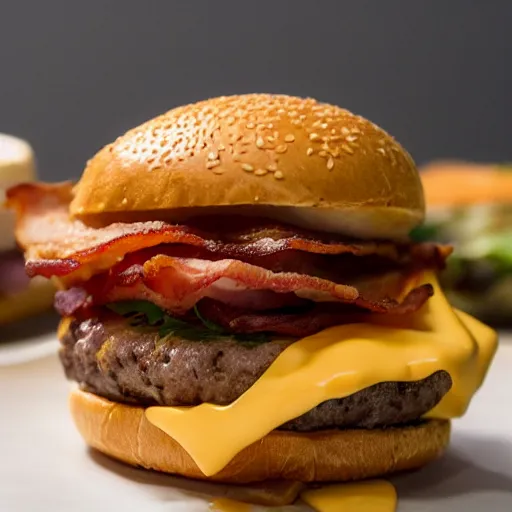 Image similar to perfect bacon cheese burger, award winning food photography, golden hour, holy