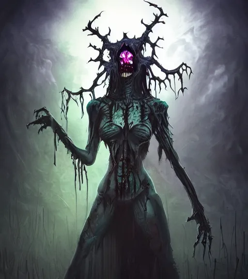 Image similar to gothic necrolord female with zombie servents, digital painting, liminal eerie midnight backlit, a picture taken by Michael Komarck and Daniel Ljunggren