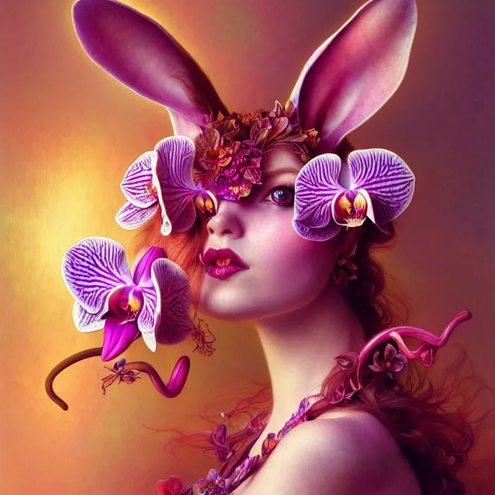 Image similar to psychedelic orchid bunny, diffuse lighting, fantasy, intricate, elegant, highly detailed, lifelike, photorealistic, digital painting, artstation, illustration, concept art, smooth, sharp focus, art by John Collier and Albert Aublet and Krenz Cushart and Artem Demura and Alphonse Mucha