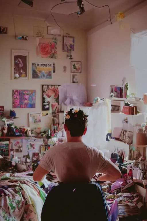 Image similar to kodak portra 4 0 0 photograph of a guy wearing a flower crown in a cluttered messy 9 0 s bedroom, back view, lens flare, moody lighting, moody vibe, telephoto, 9 0 s vibe, blurry background, grain, tranquil, calm, faded!,