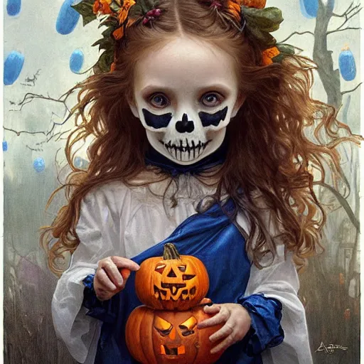 Prompt: a cute happy little girl with light brown wavy curly hair and blue eyes sitting amidst piles of halloween decor skulls and pumpkins. beautiful cute highly detailed face. spooky halloween themed painting by artgerm and greg rutkowski and alphonse mucha.