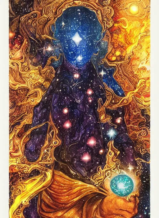 Prompt: high intricate colored ink drawing of the sandman holding a glimmering galaxy, full shot, neil gaiman, maria panfilova, andrea savchenko, mike kime, ludovic plouffe, qi sheng luo, oliver cook, julian calle, eddie mendoza, trending on artstation