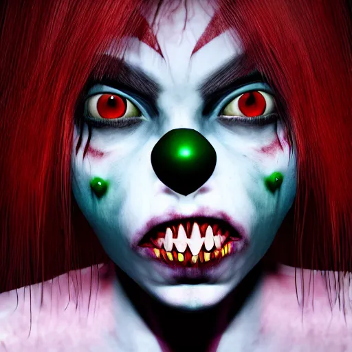 Image similar to realistic evil demon girl clown with deep dark eyes and lots of mascara and green hair and sharp wicked metal teeth and tattered elven ears very ugly creature by guillermo del toro redshift 3 d render, 1 1 aperture, 3 5 mm, canon 5 d