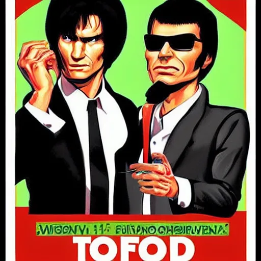 Image similar to bogdanoff brothers pulp fiction poster style!!!!!!!!!!!!!!!