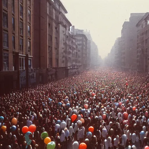 Prompt: A large group of people parading through the street holding balloons, there are a lot of ballons, calm afternoon, overcast day, 1980s.