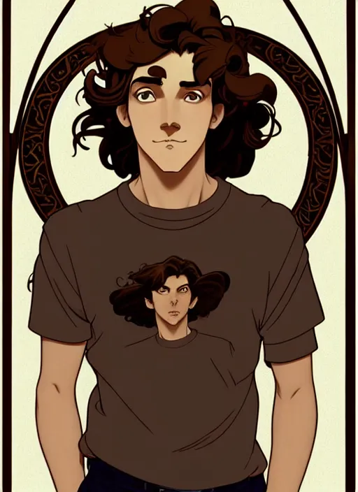 Image similar to art nouveau portrait of a handsome young man with curly medium length light brown hair, brown eyes, serious facial expression, gloomy mood, annoyed, t - shirt, natural lighting, path traced, highly detailed, high quality, cartoon, digital painting, by don bluth and ross tran and studio ghibli and alphonse mucha