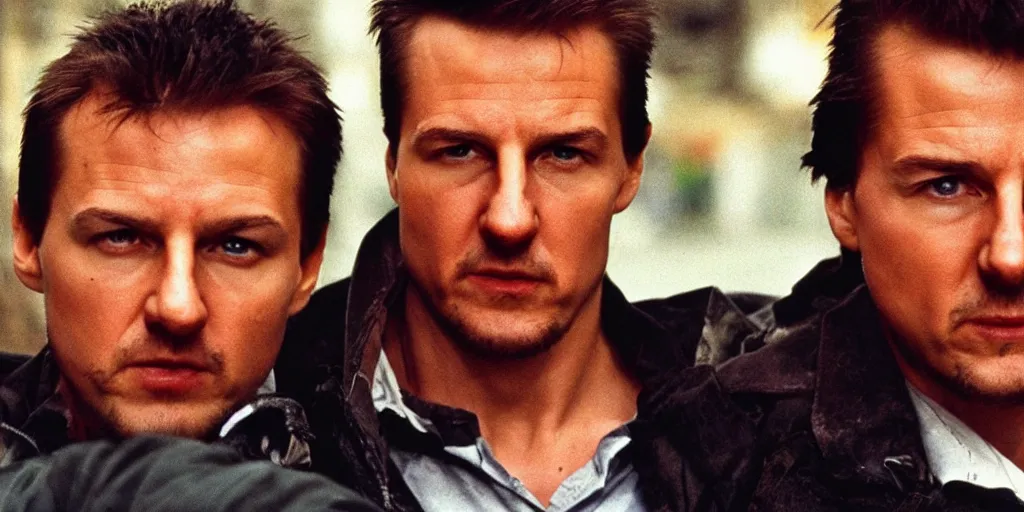 Prompt: close view headshot portrait of a pair alexandr zembatov and mikhail alontsev, tall and small, posing on a street in gangsta comedy of 1990s, movie shot, Edward Norton, Tom Cruise, Lock, Stock and Two Smoking Barrels