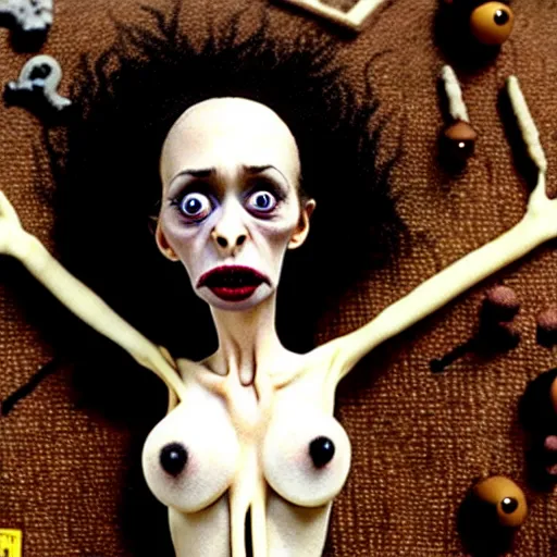 Image similar to claymation jacinda arden, fully - clothed, by jan svankmajer, hyperrealistic, very detailed, tim burton, 3 5 mm film still, gothic, horror, eldritch