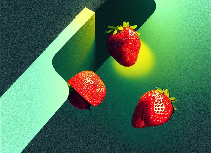 Image similar to ( ( dithered ) ), strawberries blueberries sliced kiwi sliced lemon inside a clear drinking bottle, isometric, modern art deco, mads berg, karolis strautniekas, christopher balaskas, stippled light, fog, moody, fine texture, editorial illustration, dramatic lighting, dynamic composition, detailed, matte print, muted color