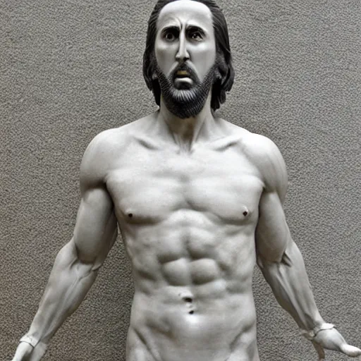 Image similar to hellenic marble sculpture of Nicolas Cage, realistic human anatomy sculpture, detailed anatomy, perfect anatomy, intricate sculpture, chiseled muscles, godlike