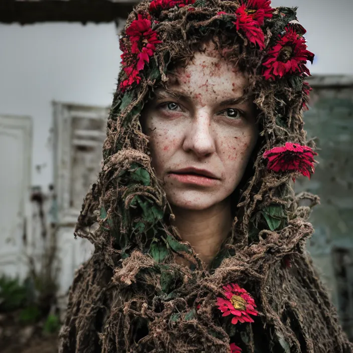 Image similar to a closeup portrait of a woman wearing a hooded cloak made of zinnias and barbed wire, in a derelict house, by Charlotte Grimm, natural light, detailed face, CANON Eos C300, ƒ1.8, 35mm, 8K, medium-format print