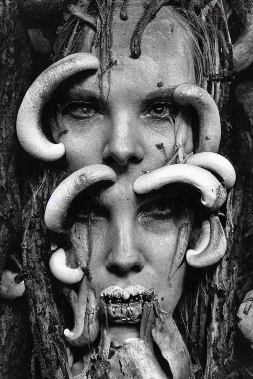 Prompt: close-up of a woman with mushrooms growing from her face, historic photograph, H. R. Giger, horror, black and white, dark