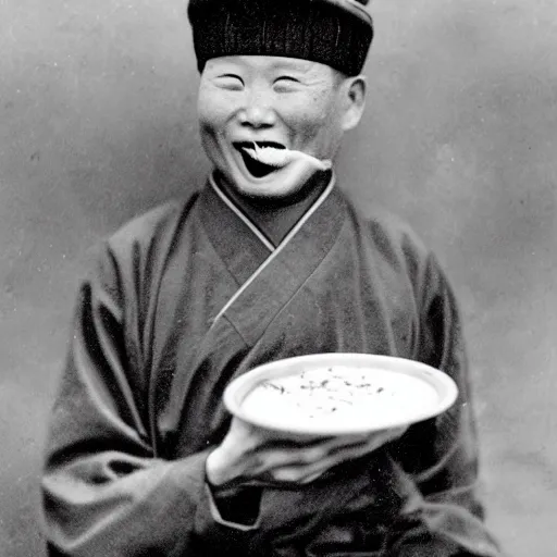 Image similar to a photo of a ecstatic man from qing empire eating a hamburger, award winning photo, high quality