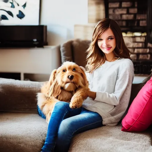 Prompt: a photo of a beautiful girl with a cute dog on her lap in a cozy living room