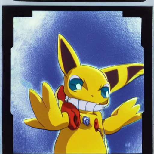 Image similar to 90s vignette photo of Renamon from Digimon washing a 90s car in a suburban neighborhood, realistic Polaroid picture, weathered artifacts