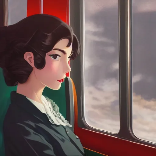 Image similar to portrait of a beautiful girl with dark hair dressed in 1940's fashion sitting in the interior of a train, looking outside the window beside her to the dieselpunk city outside of the window, rich vivid colors, ambient lighting, dynamic lighting, 4k, HQ, official media, anime key visual, makoto shinkai, ilya kuvshinov, lois van baarle, rossdraws, detailed, trending on artstation