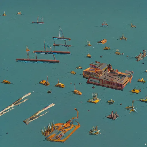 Image similar to birds eye view battle of cape ecnomus, in the style of simon stalenhag