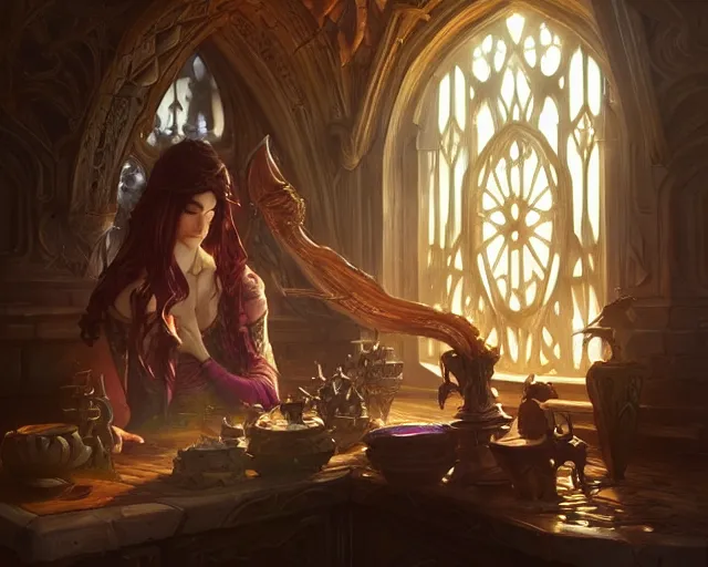 Image similar to shop interior magical items, deep focus, d & d, fantasy, intricate, elegant, highly detailed, digital painting, artstation, concept art, matte, sharp focus, illustration, hearthstone, art by artgerm and greg rutkowski and alphonse mucha