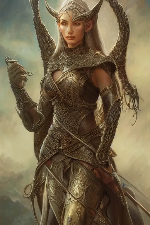 Image similar to female elven warrior portrait | highly detailed | very intricate | symmetrical | cinematic lighting | award - winning | closeup portrait | painted by donato giancola and mandy jurgens and charlie bowater | featured on artstation