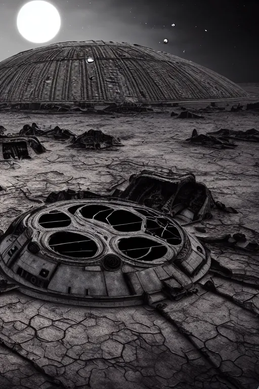 Image similar to landscape abandoned alien structure on exoplanet, black mos eisley designed by giger, wrecked skeletal technology, dark clouds, surreal abandoned buildings, dream-like heavy atmosphere, baroque painting, beautiful detailed intricate insanely detailed octane render trending on Artstation, 8K artistic photography, photorealistic, dramatic volumetric cinematic light, chiaroscuro, award-winning photograph, masterpiece, Raphael, Caravaggio, Beksinski, Giger