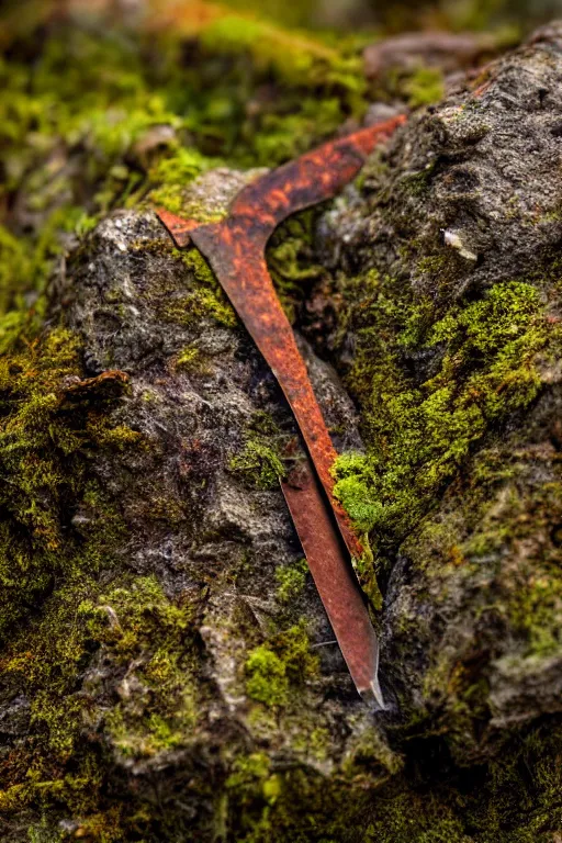 Prompt: a portrait of a rusty longsword protruding from a rock, fantasy setting, rust and corrosion, moss and vegetation, ancient forest, excalibur, close - up, intricate details, intricately detailed textures, warm lighting, vivid colors, smoke and mist, hyper realistic octane render, volumetric shading, depth of field, raytracing, 8 k,