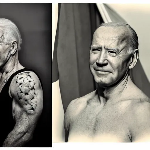 Prompt: realistic photograph from nick ut and eddie adams and margaret bourke and yousuf karshs, fine details, 4 k, 5 k extremely details, aesthetic / joe biden shirtless and have yakuza tatto on his body