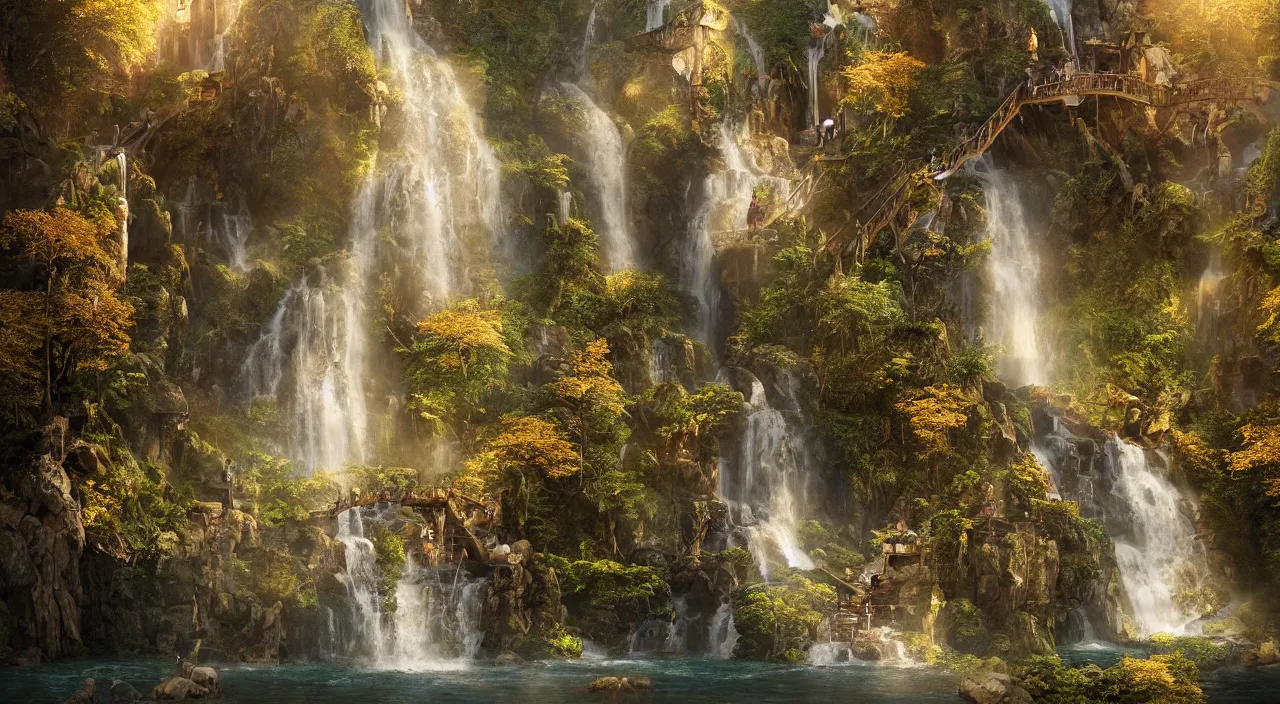 Prompt: rivendell steampunk, waterfalls from clif, dappled golden lighting, cinematic, photographic, realistic, highly detailed, matte painting