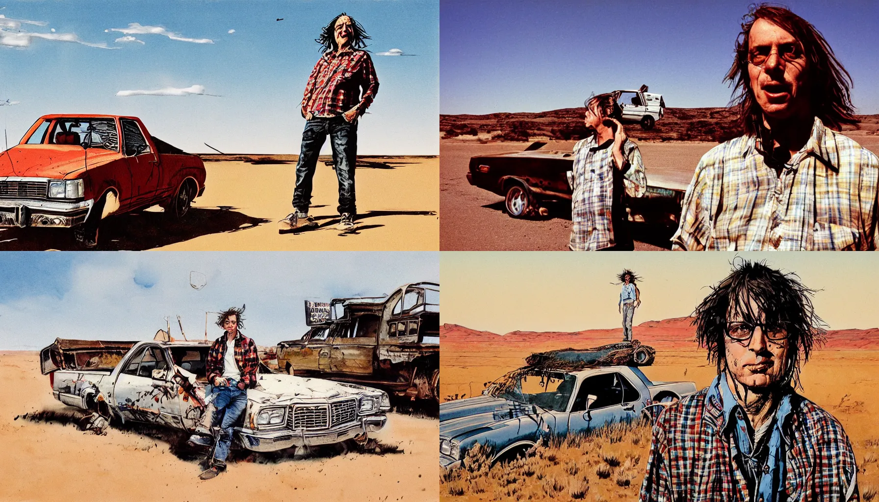Prompt: ralph steadman illustration portrait of a young man wearing a flannel shirt with a mullet and a dangle earring, standing in front of an old el camino car, desert landscape, panting, film grain, surreal