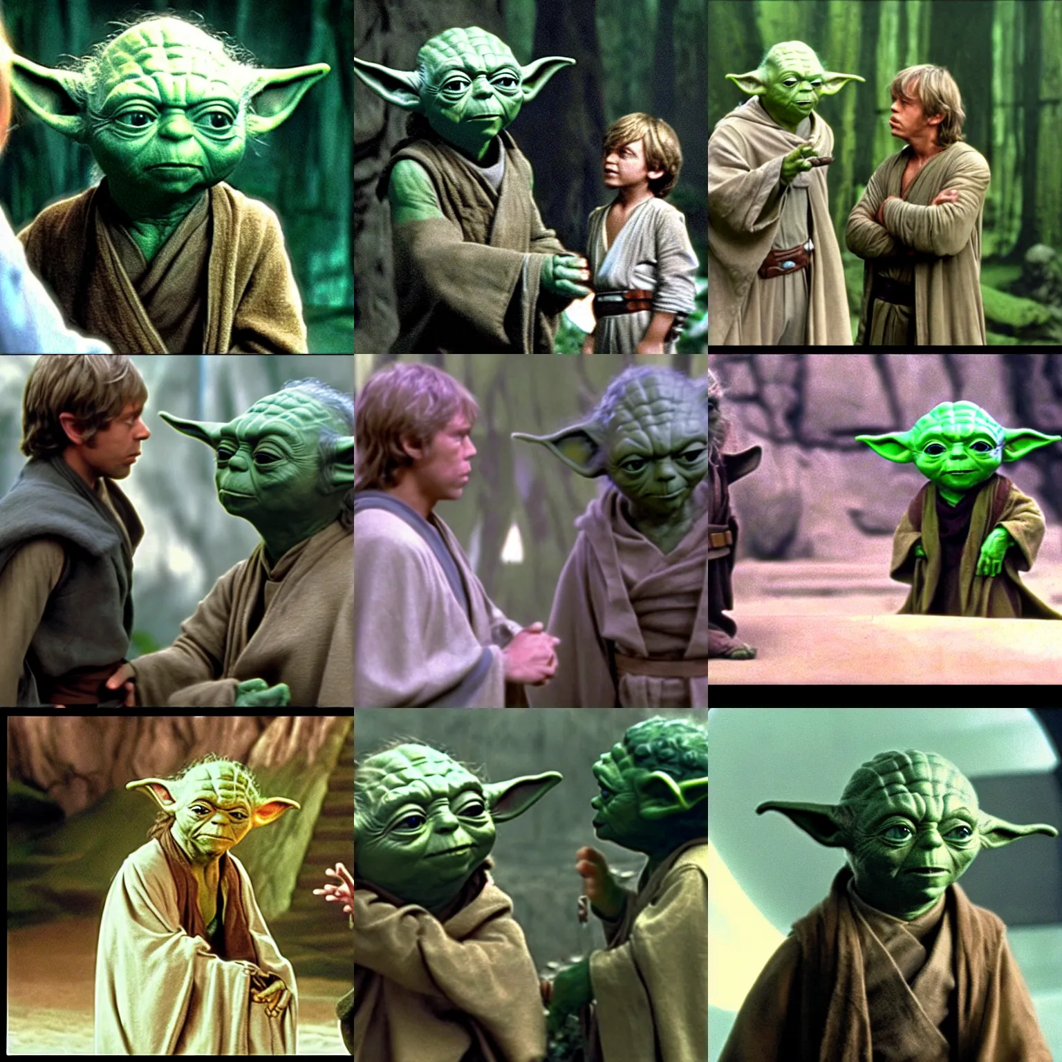 Prompt: yoda talking with luke skywalker, still frame from star wars : return of the jedi