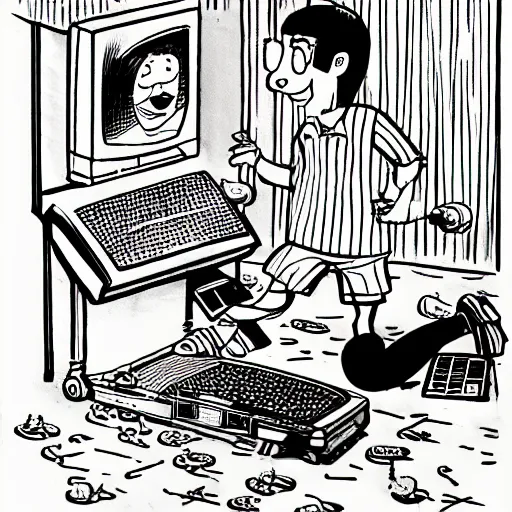 Prompt: illustration of a boy playing xbox by quino
